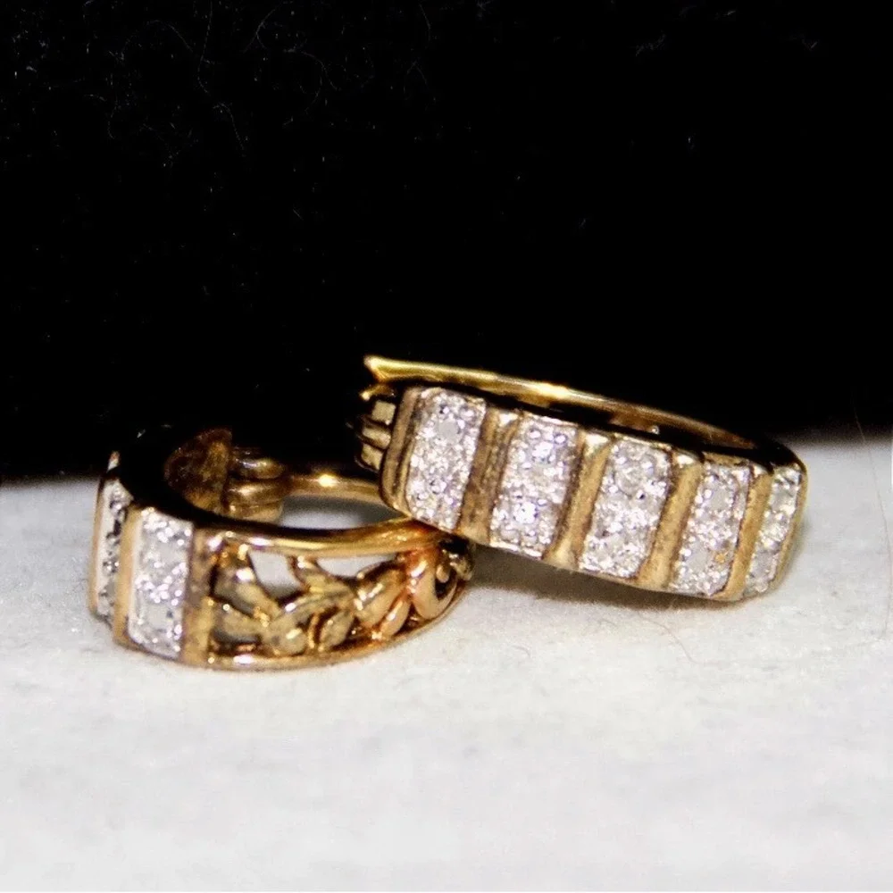 925 Sterling Silver 14k Gold Tone Filigree Pave CZ Huggie Hoop Earrings China - Picture 6 of 8